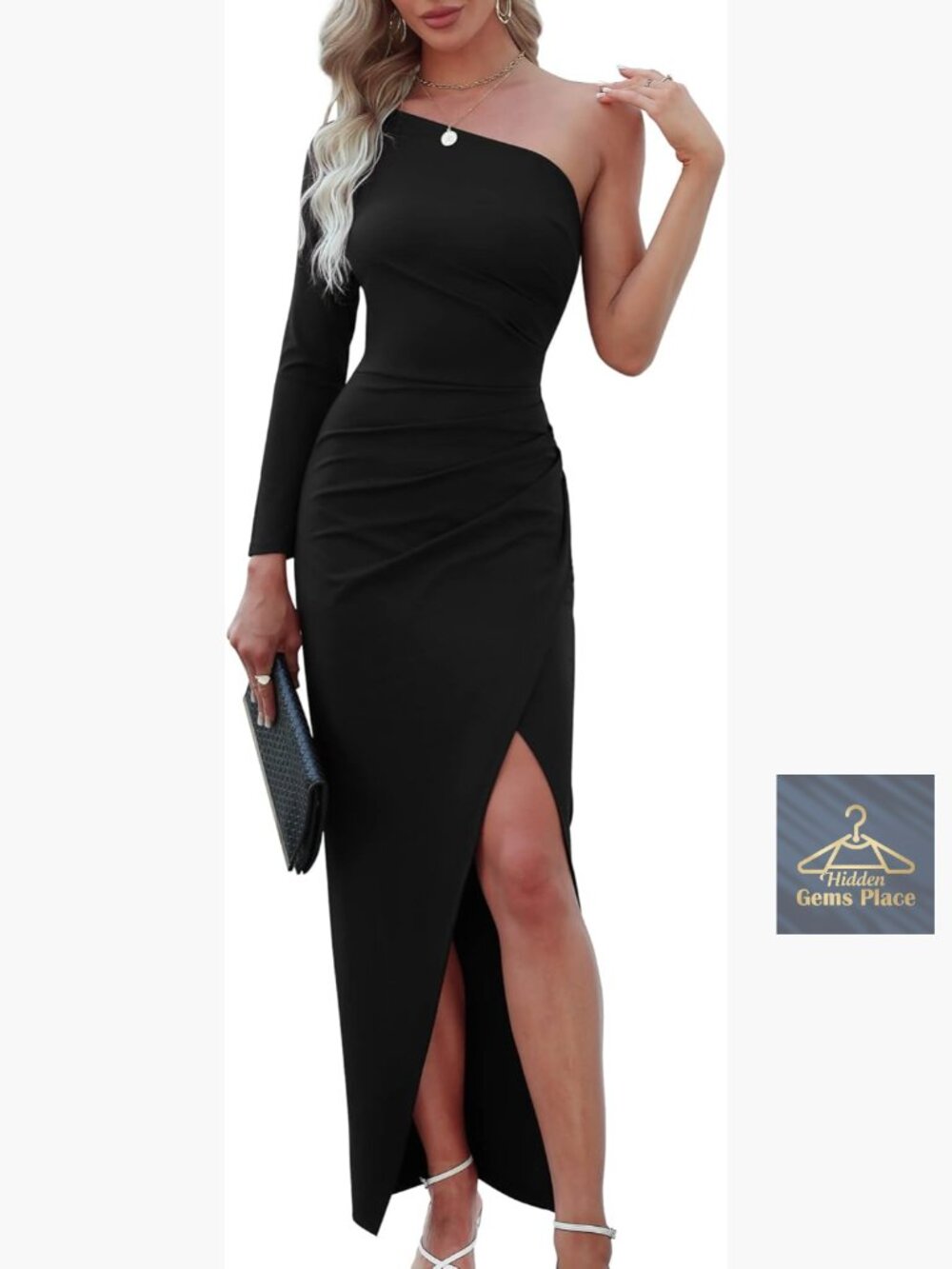 One Shoulder Long Sleeve Bodycon Ruched Wrap Split Formal Cocktail Dress